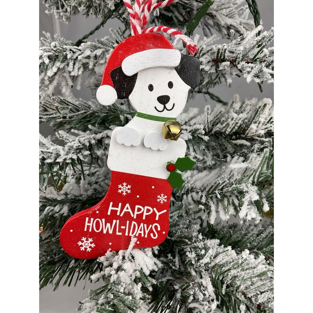Christmas Ornament- Wooden Festive Puppy “Happy Howl-Idays”With Bell And Red Hat